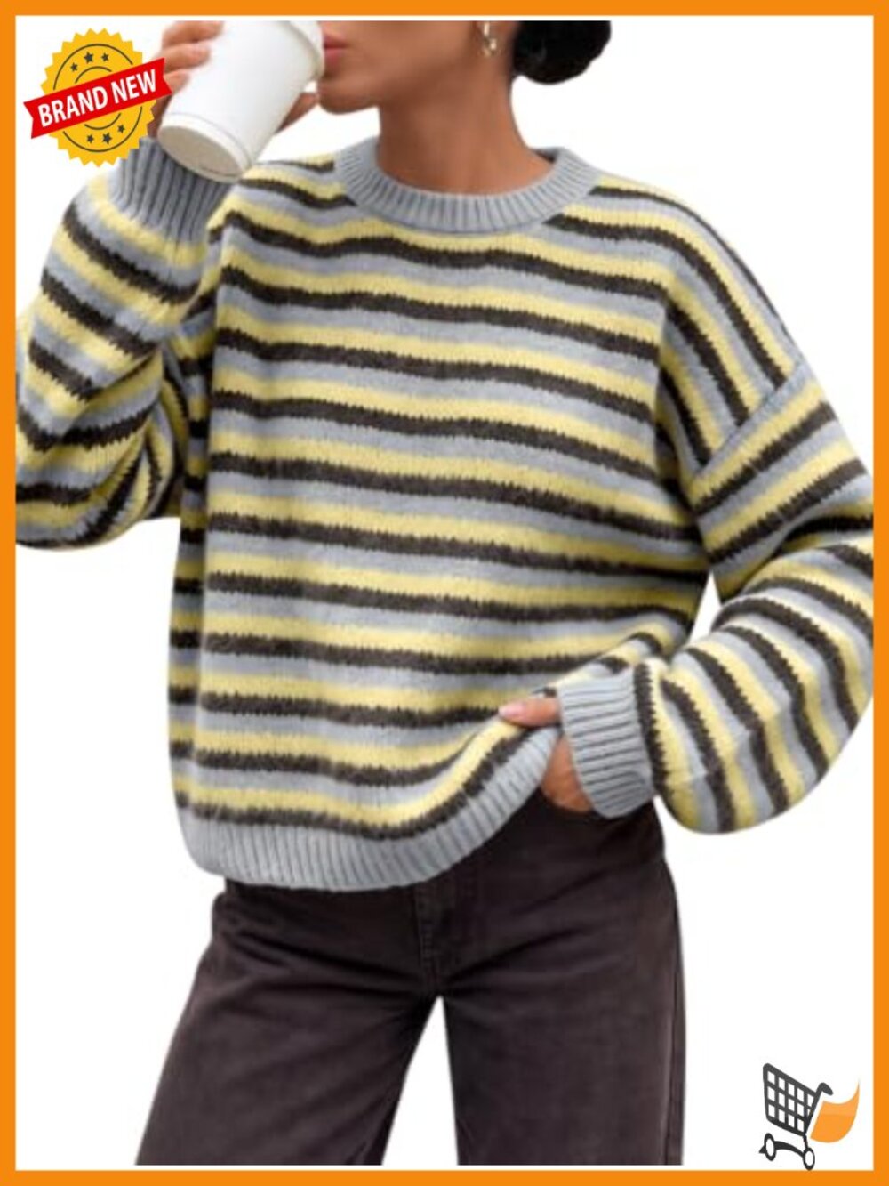 Striped Oversized Pullover Sweater Crew Neck Long Sleeve Knit